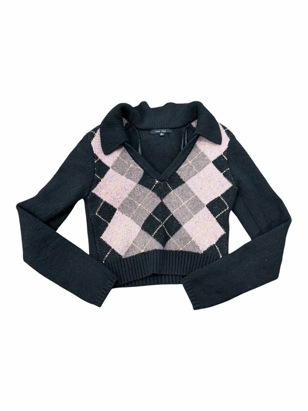 Love Tree Black & Pink Argyle Collared V-Neck Cropped Sweater S